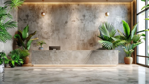 Modern Office Lobby with Elegant Design, Natural Plants and Minimalistic Reception Desk © rorozoa