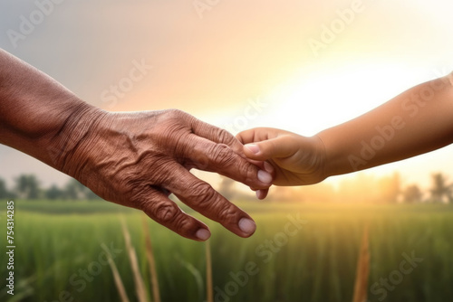 An elderly hand and a child's hand engage in a gentle handshake in a rural setting.
