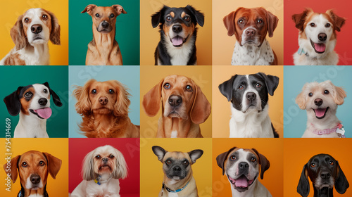 A montage of cheerful dogs, each with their own unique expressions, set against a series of colorful backdrops. © Taskmanager
