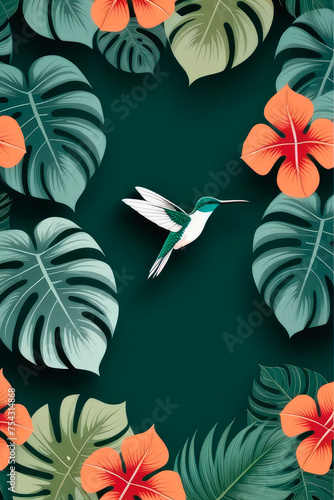 Summer pattern background with tropical leaves, flowers, monstera leaves and hummingbird.