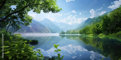 ast mountain lake in a valley, with a wide panoramic view of the surrounding forested mountains and a clear photo