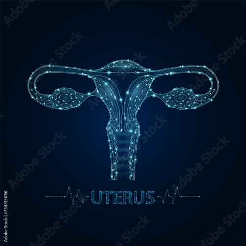 Female uterus in electronic form glowing between information connecting lines. Medical science of technology digital hi tech. Futuristic digital circuit board innovative health care. Vector EPS10.