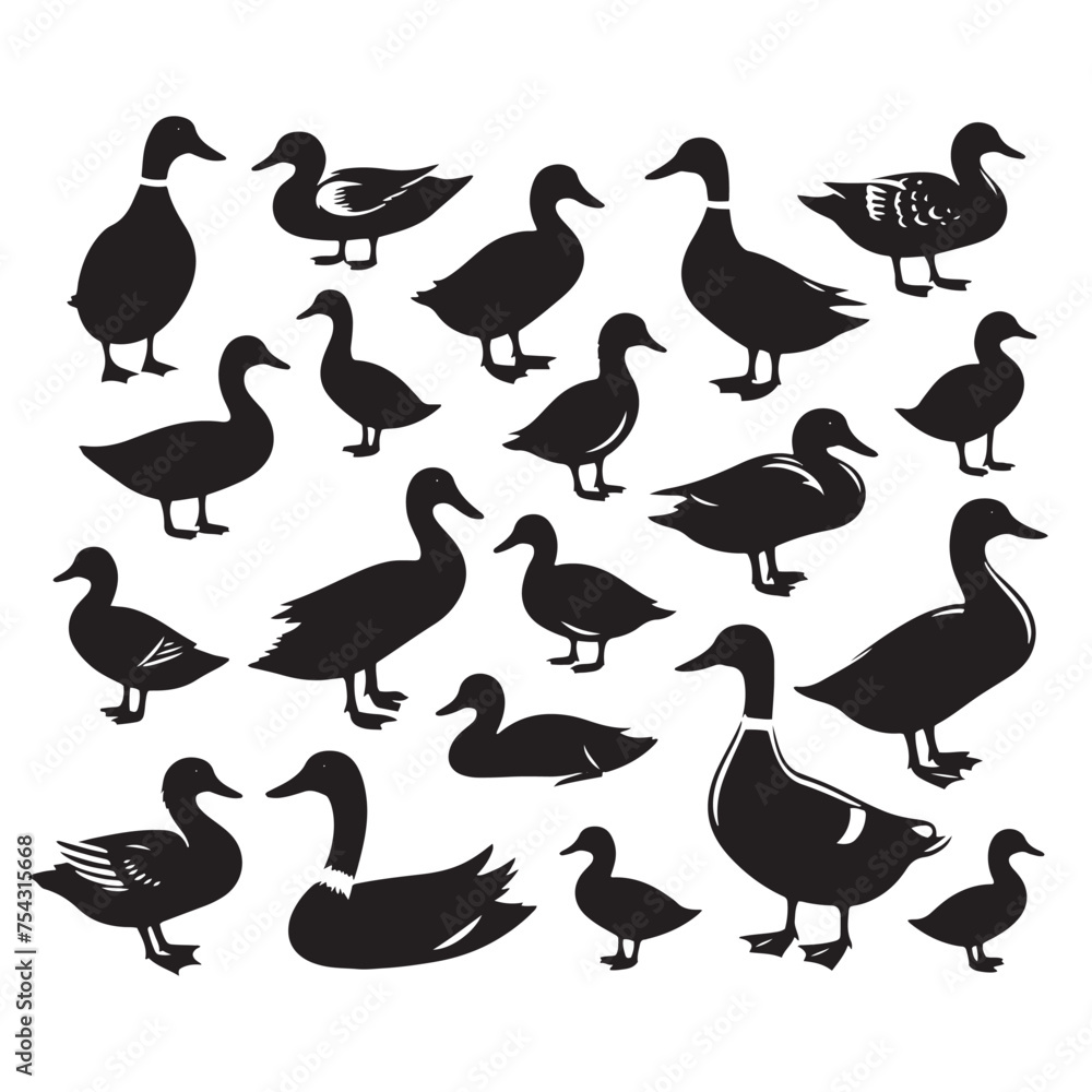 Quack Shadows: Vector Duck Silhouette Collection for Nature Designs, Waterfowl Illustrations, and Wetland-themed Artwork.