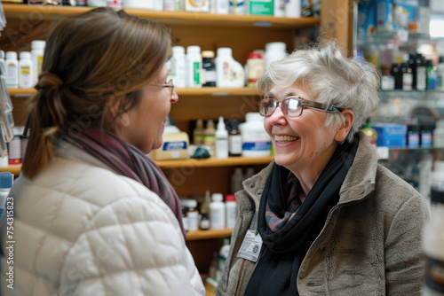 Happy senior pharmacist talks to her female customer in pharmacy