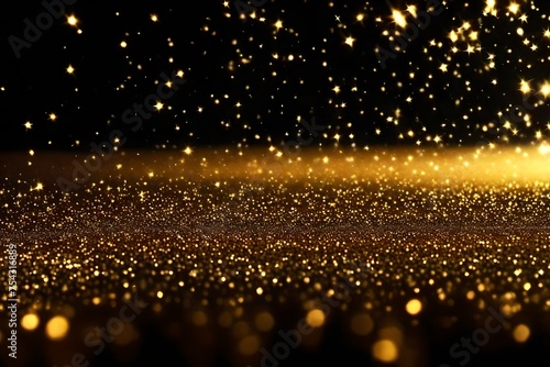 golden particles abstract background with shining golden floor particles stars dust. Futuristic glittering fly movement flickering loop in space on black background