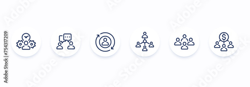 team management, HR and people interacting line icons