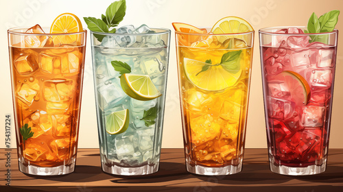 Ai illustration of a sweet and citrus fruit cocktail orange lemon peach strawberry on white background. Set of summer cocktails. Banner. Alcoholic and non-alcoholic fruit cocktails. 