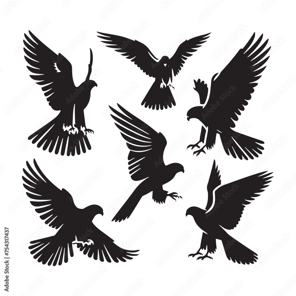 Swoop and Soar: Vector Falcon Silhouette Collection for Majestic Bird of Prey Designs, Wildlife Illustrations, and Nature Artwork. Swoop and Soar: Vector Falcon Silhouette Collection for Majestic Bird of Prey Designs, Wildlife Illustrations, and Nature Artwork.