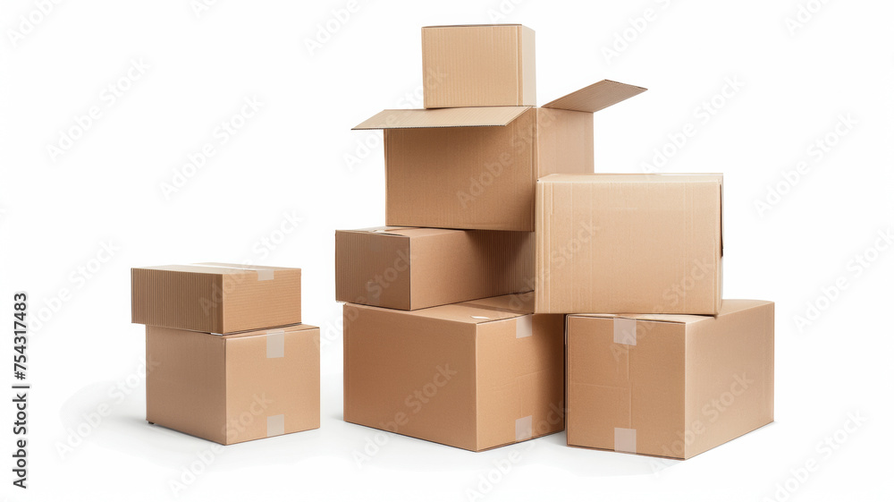 A neat stack of cardboard boxes on a plain white background.