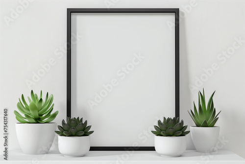 Modern home decor mockup with a black frame and plants on a white shelf