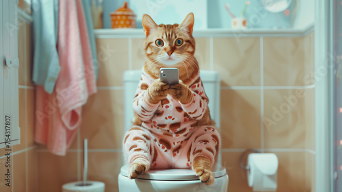 Illustration of a tabby cat wearing a paw design pijama sitting on toilet, using phone and looking directly at the camera. AI Generated