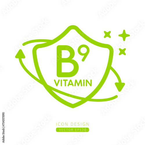 Vitamin B9 icon green in shield surrounded by arrows Isolated on a white background. Medical symbol build protective and immunity concept. Design for use print media form simple line. Vector.