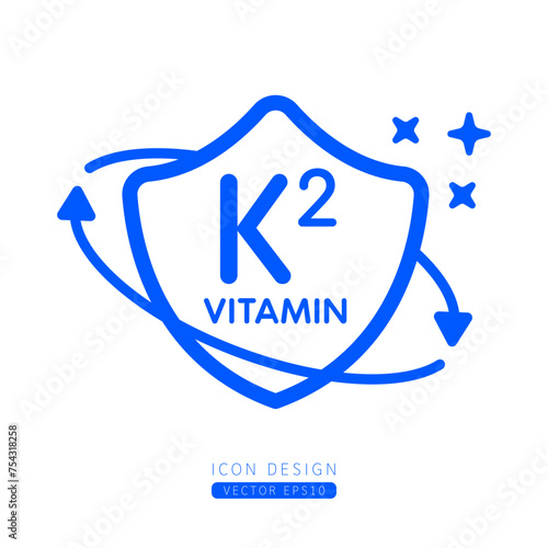Vitamin K2 icon blue in shield surrounded by arrows Isolated on a white background. Medical symbol build protective and immunity concept. Design for use print media form simple line. Vector.