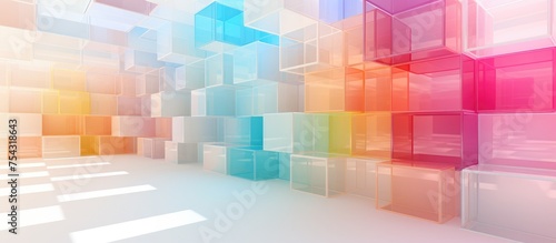 An abstract white and colored gradient glasses interior is filled with an array of differently colored boxes. The room is illuminated by a large window, showcasing the vibrant hues of the boxes.