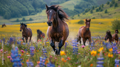 Hoard of mustang horse running in middle of a flowers meadow