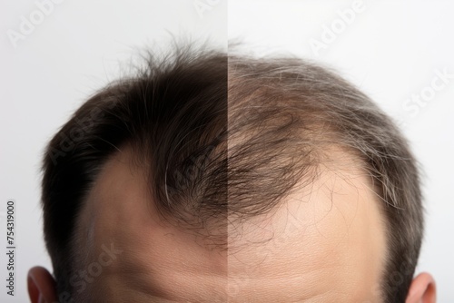 Hair loss treatment concept. Comparison of hair before and after transplantation