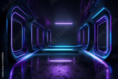 Futurististic sci- fi abstract blue and purple neon light shape on black background and reflective concrete with empty sapace for text 3D rendering photo