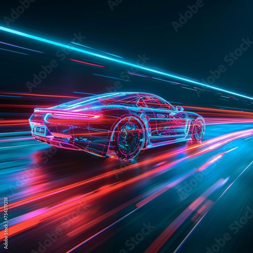 Modern futuristic car in movement. Cars lights on the road at night time. Timelapse, hyperlapse of transportation. Motion blur. AI Generated
