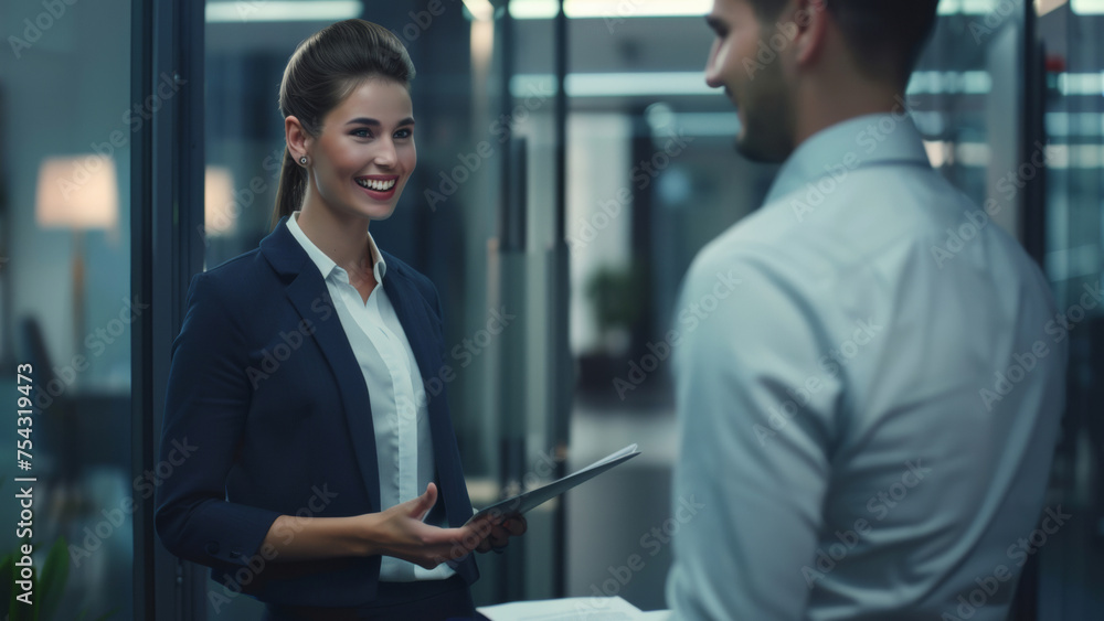 Fototapeta premium Confident businesswoman greets with a smile during an evening meeting.