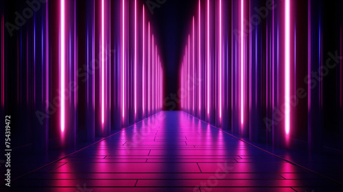 Futuristic neon-lit corridor with purple and pink vertical lights. 3D render of a sci-fi walkway with glowing illumination.