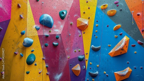 Vibrant indoor rock climbing wall with colorful holds and geometric patterns