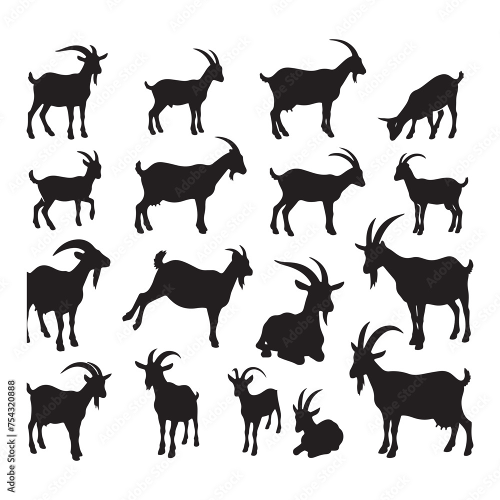 Obraz premium Mountain Majesty: Vector Goat Silhouette Collection for Nature Designs, Wildlife Illustrations, and Outdoor-themed Artwork.