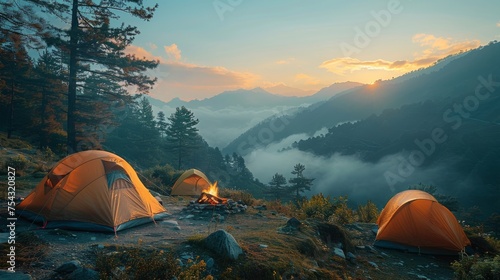 Tent Pitched Up in Mountains at Sunset