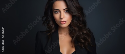 A stunning brunette female model poses in a studio setting, wearing a sleek black suit. Her expression exudes confidence and allure, embodying a sense of sophistication and style.
