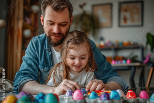 Father and daughter have fun painting Easter eggs in the living room. 