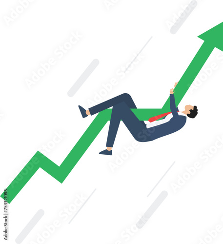 Stock market rising and positive growing concept, businessman hangs on rising arrow meaning success in business vector illustration

