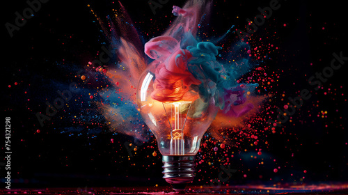 Creative light bulb explodes with colorful paint, generative ai