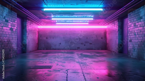 Neon Lights Illuminating an Empty Urban Underground Parking Lot with Vibrant Colors