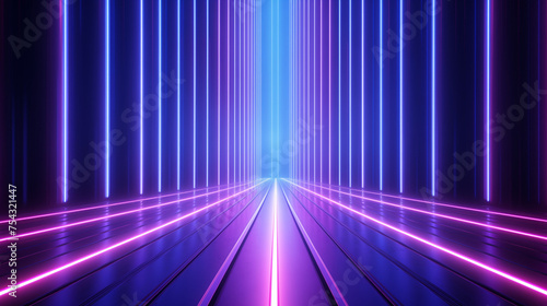 Abstract concept of a neon light tunnel in blue and purple. Perspective view of a vibrant futuristic passage with a sense of depth and speed. Cyberpunk aesthetic with copy space.