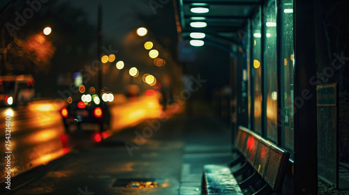 A blurry image of a city street at night with a bus stop in the foreground