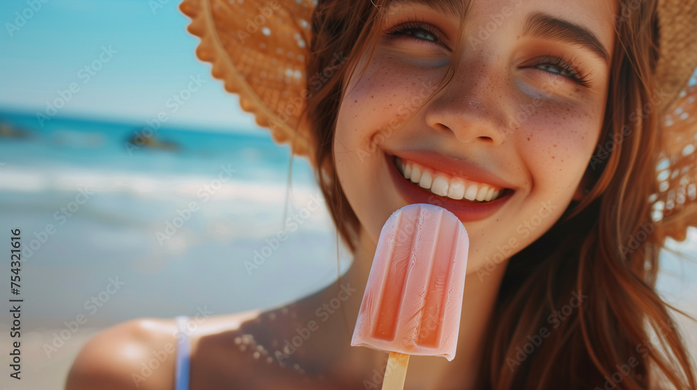 Portrait of a young smiling caucasian american woman eating a popsicle ice cream on hot summer day at the beach. AI Generated Portrait of a young smiling caucasian american woman eating a popsicle ice cream on hot summer day at the beach. AI Generated