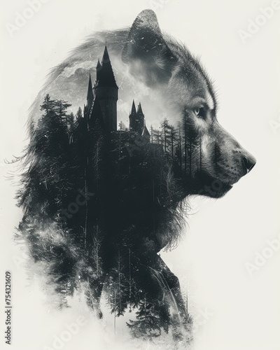 Wolf and Castle Double Exposure Illustration