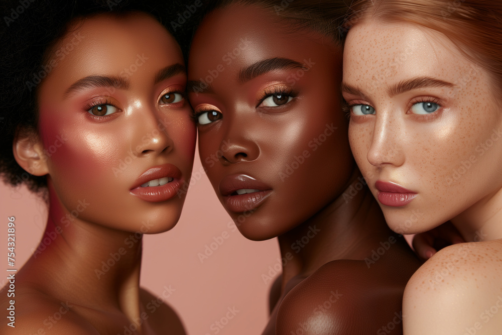Three beautiful models of different races with natural makeup on their skin, a photo for advertising cosmetics in beige and pink tones on a light background with studio lighting Three beautiful models of different races with natural makeup on their skin, a photo for advertising cosmetics in beige and pink tones on a light background with studio lighting