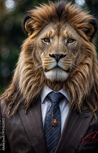 Lion dressed in an elegant and modern suit with a nice tie. Fashion portrait of an anthropomorphic animal  shooted in a charismatic human attitude - Generative AI