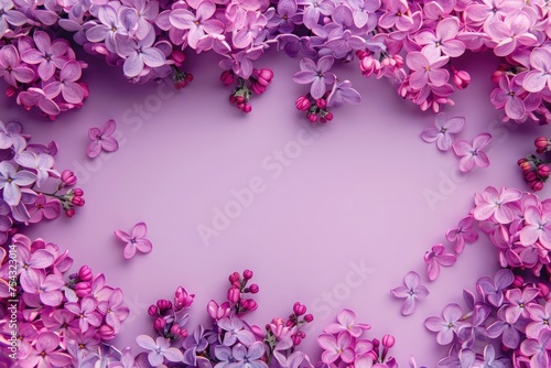 Soft purple lilacs frame a pastel, ideal spring-themed. Copy space