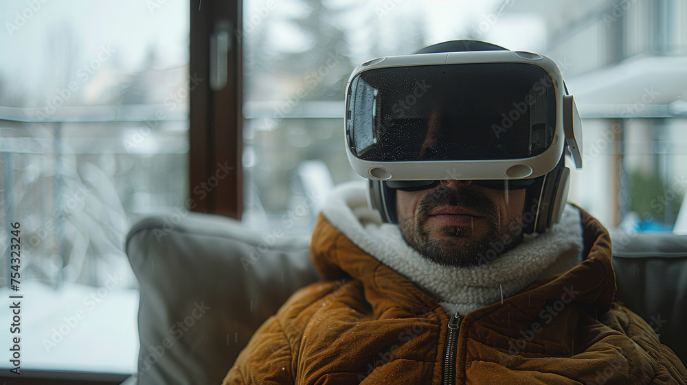 Man in winter attire lost in a virtual reality world, indoors with snowy view outside. Man in winter attire lost in a virtual reality world, indoors with snowy view outside.