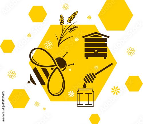 Beekeeping design with bee, honeycomb and flowers