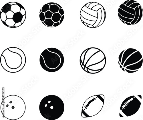 Sport balls set. Ball icons. Balls for Football, Soccer, Basketball, Tennis, Baseball, Volleyball. Vector illustration
