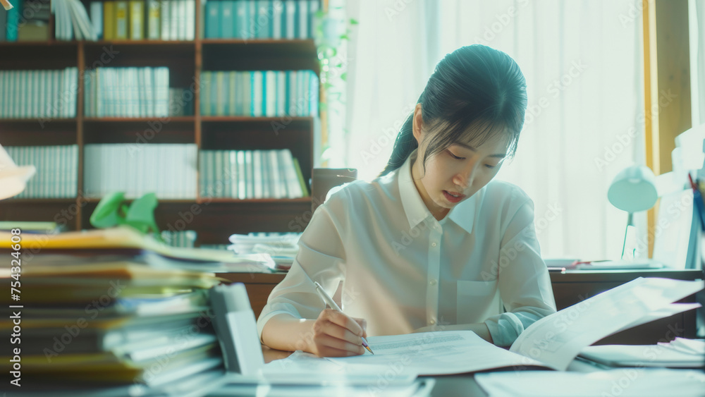 Diligent student engrossed in studying among stacks of books, showcasing dedication. Diligent student engrossed in studying among stacks of books, showcasing dedication.