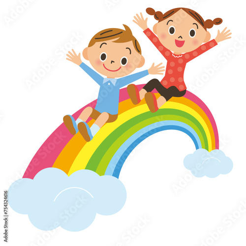 虹に座っている笑顔の男の子と女の子