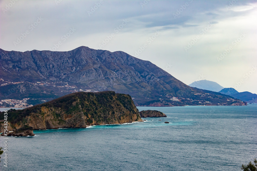 View of the mountains and the bay of the Adriatic Sea, Budva, Montenegro