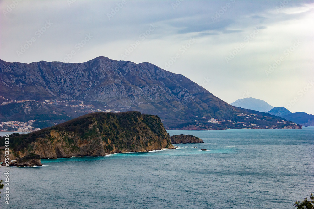View of the mountains and the bay of the Adriatic Sea, Budva, Montenegro View of the mountains and the bay of the Adriatic Sea, Budva, Montenegro
