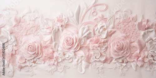 Generative AI, embroidered shabby chic baroque light pink roses pattern. Floral print on silk background