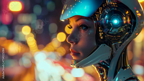 A woman in a futuristic robot suit with a glowing eye