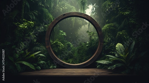 Generative AI, Empty circle wooden frame and tropical leaves on jungle background. For product display.