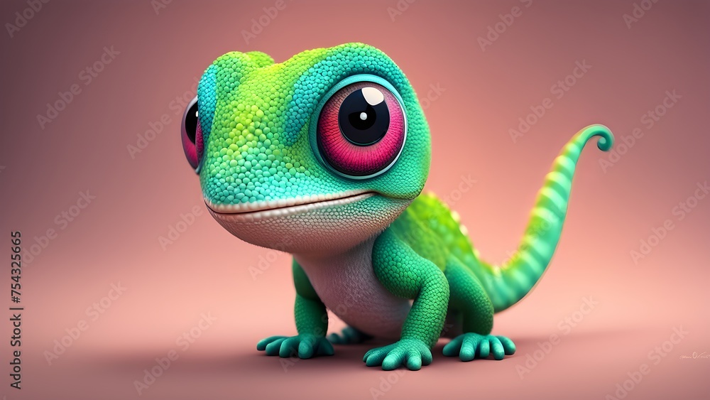 Cute Funny Cartoon Chameleon Art Animated Adorable Character - obrazy, fototapety, plakaty 